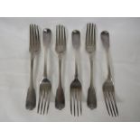 Six Georgian silver dinner forks, of which two are marked for London, 1817, no maker's stamps, and