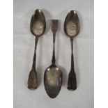 Three William IV silver table spoons, marks for London, 1822 and 1825, each bearing the maker's