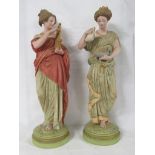 Two corresponding Robinson and Leadbeater Parian ware figures of Classical ladies, polychrome with