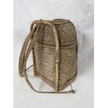 A far eastern bamboo and rush weave carrying basket or knapsack, two shoulder straps, detachable