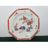 English porcelain hexagonal plate, painted with the quail pattern in the Kakiemon style, perhaps