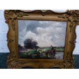 Watering horses and rider, oil on canvas, indistinct signature lower left perhaps Blamey(?), (24cm x