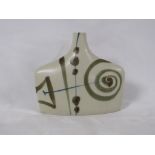 A 20th century porcelain slab bottle, buff with blue and green geometric lines and swirls, incised