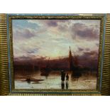 Low tide at sunset with boats and figures, oil on canvas, indistinct signature and date lower right,