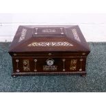 Rosewood casket shaped vanity box with mother of pearl flower and bird inlay, escutcheon, roundels