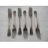 Six George IV silver dessert forks, marks for London, 1821, partially distinct makers stamp WC,