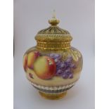 Royal Worcester crown top pot pourri vase hand painted with fruit and signed R Price, shape number