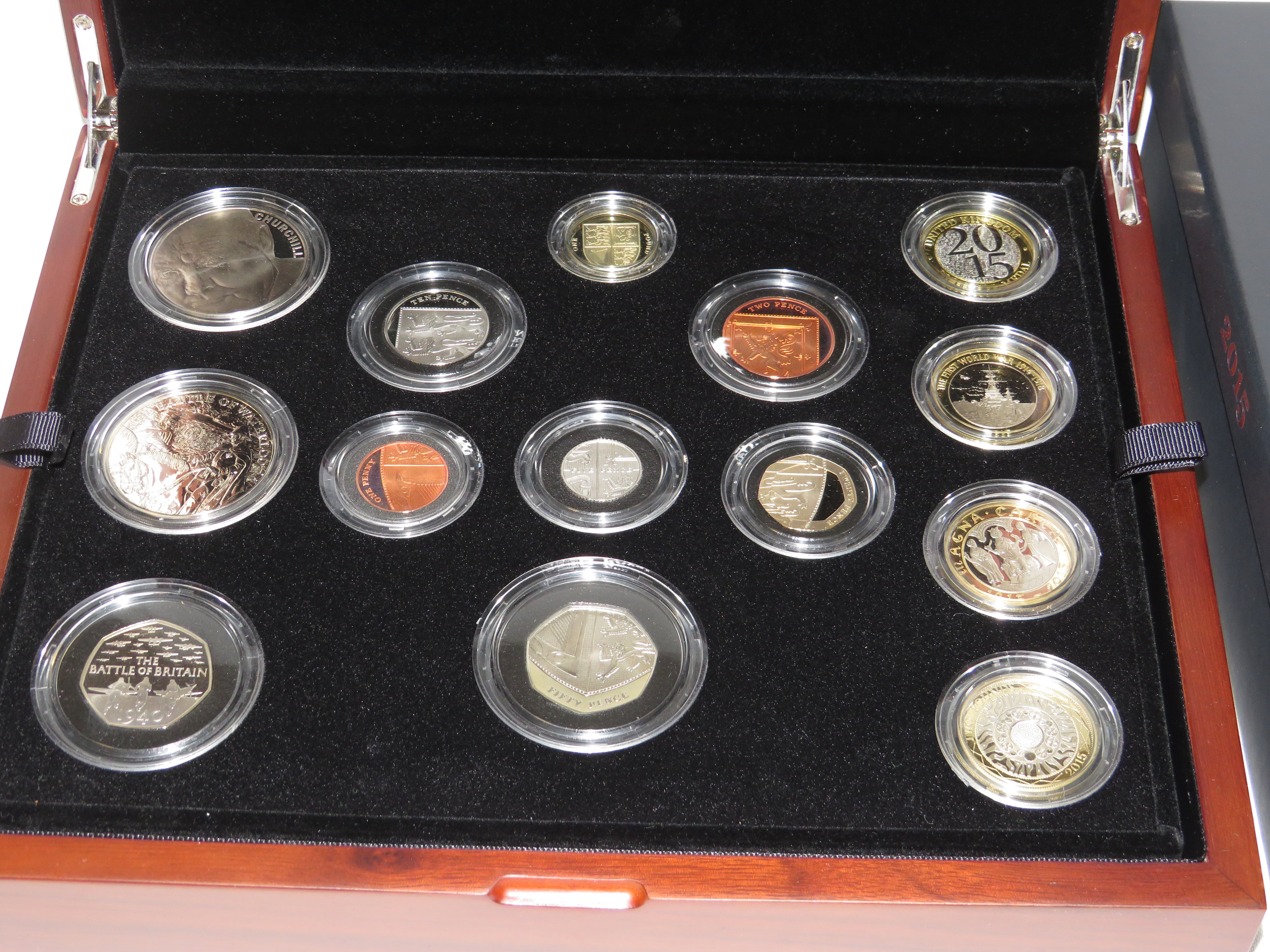 Royal Mint 2015 UK Premium proof coin set, (thirteen coins and premium medal) in polished wooden - Image 2 of 2