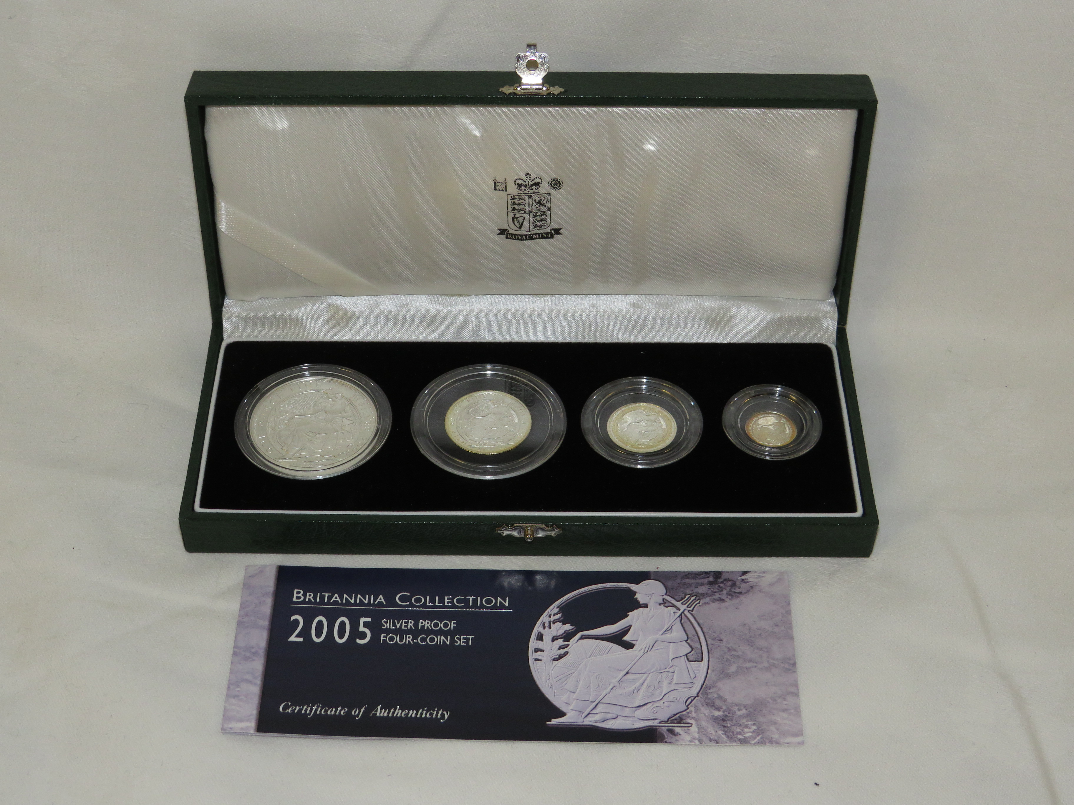 Royal Mint 2005 Britannia Collection silver proof four-coin set, Two Pounds, One Pound, Fifty