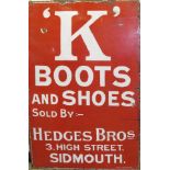 Sidmouth interest - an enamel advertising sign for 'K' boots and shoes, Hedges Bros, 3 High