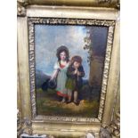 Girl in bonnet and boy with flute, oil on panel, (27cm x 12cm), in a gilt gesso frame, probably 19th