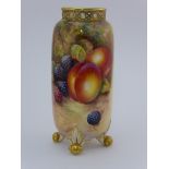 Royal Worcester cylindrical vase, hand painted with fruit and signed J. Cook, pierced gilt rim, on