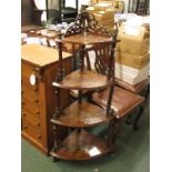 19th century walnut four tier corner whatnot with boxwood inlay, raised on spindle turned supports
