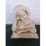Plaster bust of girl reading book rested on cushion, indistinct impressed signature and number