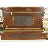 Burroughes & Watts mahogany cased snooker scoreboard with two cylinders, centre slate panel and