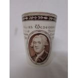 Wedgwood pottery beaker commemorating Josiah Wedgwood, cream with brown transfer decoration and