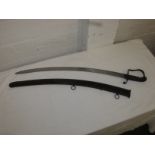 Cavalry sword with curved blade, leather grip with wires, the blade etched with an indistinct wreath