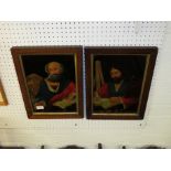 Two hand coloured engravings depicting St Luke and bull and St Mark and lion laid behind glass, each