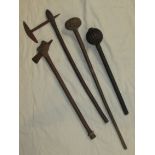 A knobkerrie or knobkierie with wooden shaft and hollow reeded metal ball head, length 46cm, another