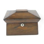 Rosewood casket shaped tea caddy with two compartments and mother of pearl escutcheon, height 14.