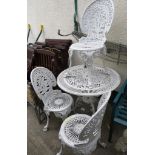 WHITE PAINTED CIRCULAR METAL PATIO TABLE AND THREE CHAIRS