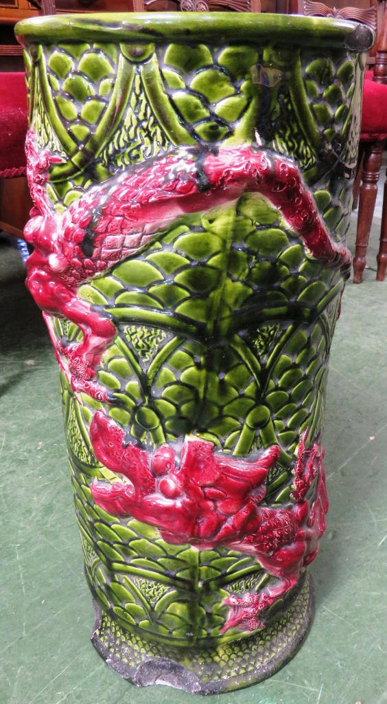 GREEN AND RED GLAZED CERAMIC UMBRELLA AND STICK STAND DECORATED WITH DRAGON (A/F) - Image 2 of 2