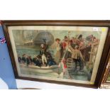 FRAMED AND GLAZED COLOURED PRINT 'GOODBYE MY LADS' DEPICTING NELSON LEAVING FOR BATTLE OF