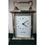 LATE 20TH CENTURY SILVER PLATED CORNICHE CARRIAGE CLOCK WITH ENGLISH MOVEMENT, DIAL SIGNED JOHN