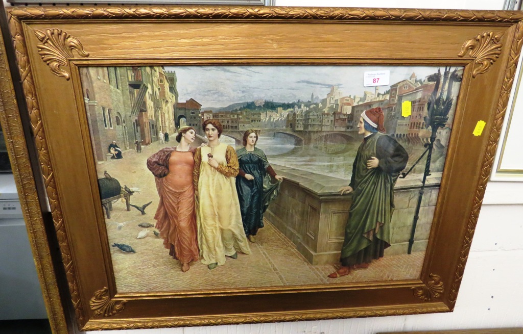 FRAMED AND GLAZED PRINT OF LADIES IN PERIOD DRESS IN GILT FRAME