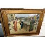 FRAMED AND GLAZED PRINT OF LADIES IN PERIOD DRESS IN GILT FRAME