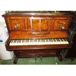 LUNDBY & CO OF LONDON UPRIGHT PIANO IN WALNUT VENEERED CASE WITH BRASS CANDLE SCONCES