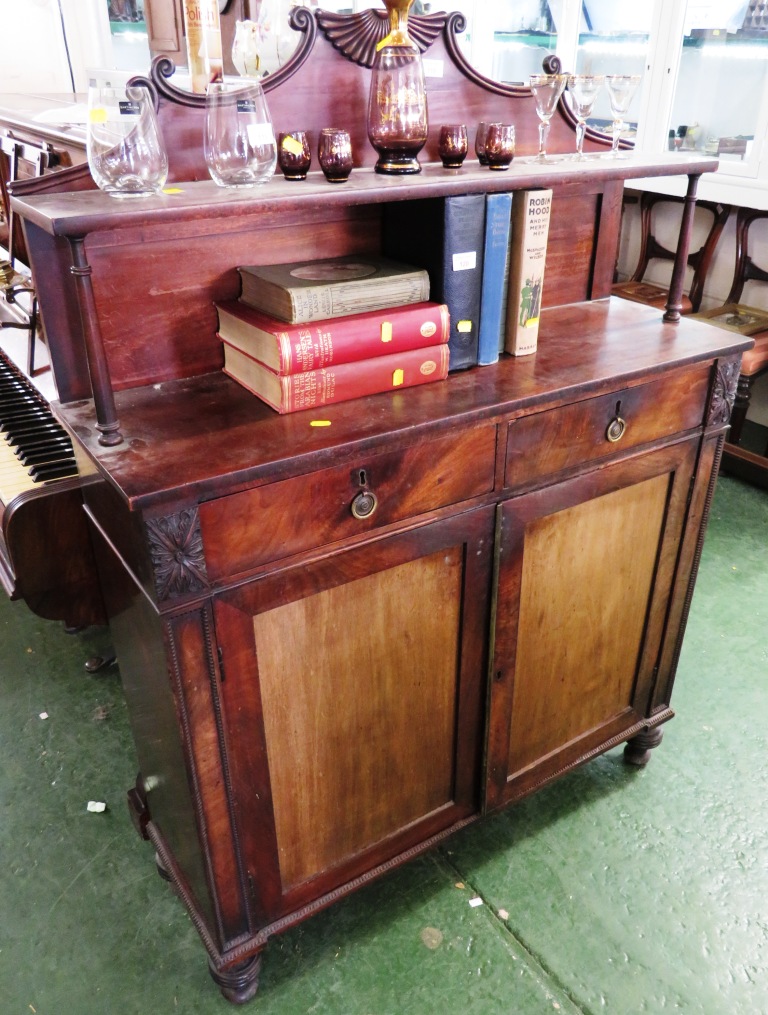 MAHOGANY CHIFFONIER WITH TWO DRAWERS OVER TWO CUPBOARD DOORS (KEY IN OFFICE)