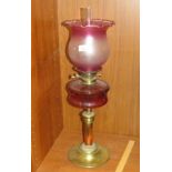 Victorian oil lamp with graduated pink vaseline glass shade etched with stylized bunches of