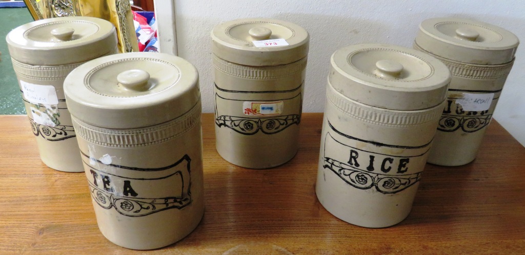 FIVE LIDDED STONEWARE KITCHEN JARS