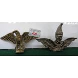 BRASS EAGLE CAR MASCOT AND GREY METAL CAR MASCOT MODELLED AS JESTER'S HEAD WITH WINGS