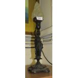 BRONZE FIGURAL TABLE LAMP WITH OPAQUE GLASS SHADE MOULDED AS FLAMING TORCH