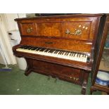 LUNDBY & CO OF LONDON UPRIGHT PIANO IN WALNUT VENEERED CASE WITH BRASS CANDLE SCONCES