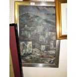 OIL ON BOARD OF STONE COTTAGES WITH MOUNTAINS IN BACKGROUND SIGNED BREVEGLIERI (?) LOWER LEFT