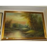 OIL ON CANVAS TREE AND LAKE IN GILT FRAME