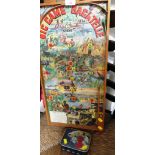 VINTAGE 'BIG GAME BAGATELLE' BOARD WITH COLOURED BACK, TOGETHER WITH TIN OF MARBLES