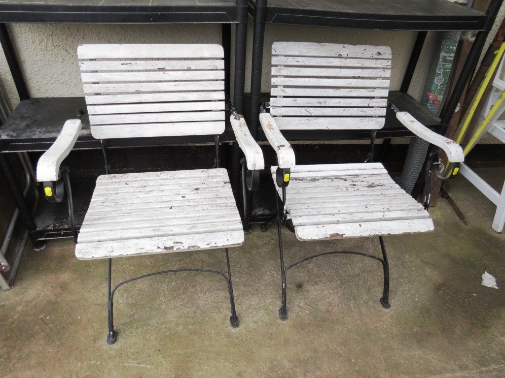 TWO WOODEN AND METAL GARDEN CHAIRS