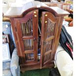 EASTERN STYLED DARK WOOD CUPBOARD WITH SLATTED DOUBLE DOORS AND SIDES, SINGLE DRAWER TO BASE AND