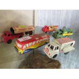 FIVE VINTAGE TIN PLATE MODEL VEHICLES INCLUDING POCKETOY DAIRIES TRUCK AND ICE CREAM VAN (A/F)