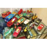 ASSORTED DINKY AND CORGI DIE CAST VEHICLES INCLUDING FIRE ENGINE, LORRIES AND MOTORBIKES (A/F)