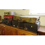 FIVE VINTAGE TRAVEL CASES INCLUDING GREEN CANVAS WITH INITIALS