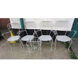 FOUR GREY PAINTED METAL GARDEN CHAIRS AND SMALL TABLE (NO GLASS TOP)