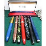 EIGHT FOUNTAIN PENS - PARKER WITH BEAK NIB IN PRESENTATION CASE, PLATIGNUM SILVERLINE, PLATIGNUM