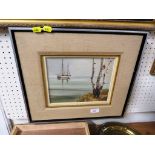 OIL ON CANVAS OF BOAT AND SHORELINE SIGNED LEON PHINNEY IN WOODEN AND CANVAS CLAD FRAME