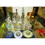 TWO MARY GREGORY GLASS BOTTLES (A/F), TWO SCENT BOTTLES, ANIMAL FIGURES AND OTHER GLASSWARE (ONE