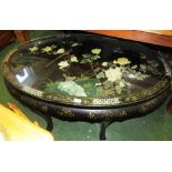 LARGE OVAL CHINOISERIE COFFEE TABLE WITH LACQUERING AND GILDING, TOP WITH APPLIED CARVED